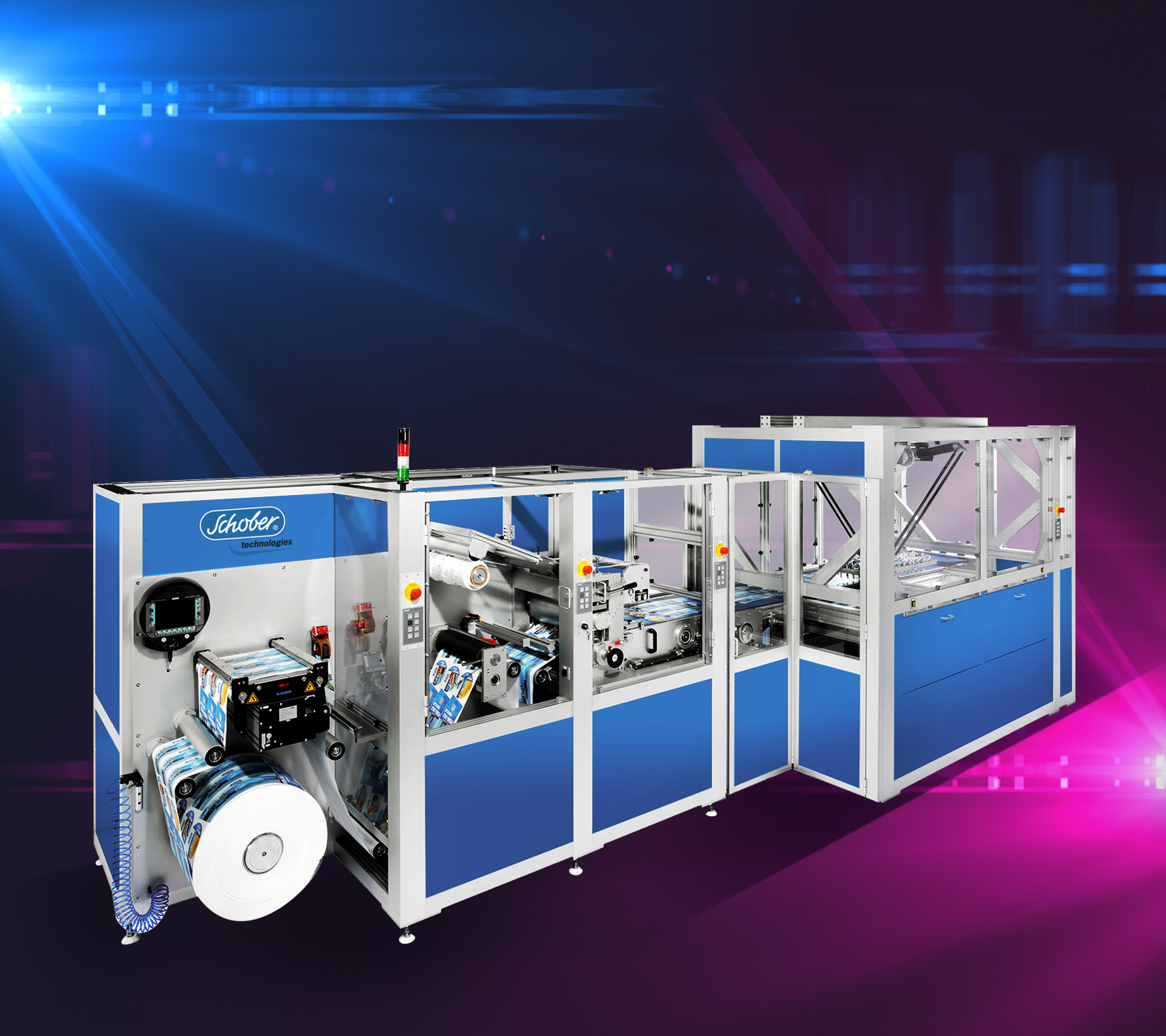 Schobertechnologies RSM410 IML/MX-DIGI-VARICUT-Maschine auf futuristischem pink-blauen Hintergrund