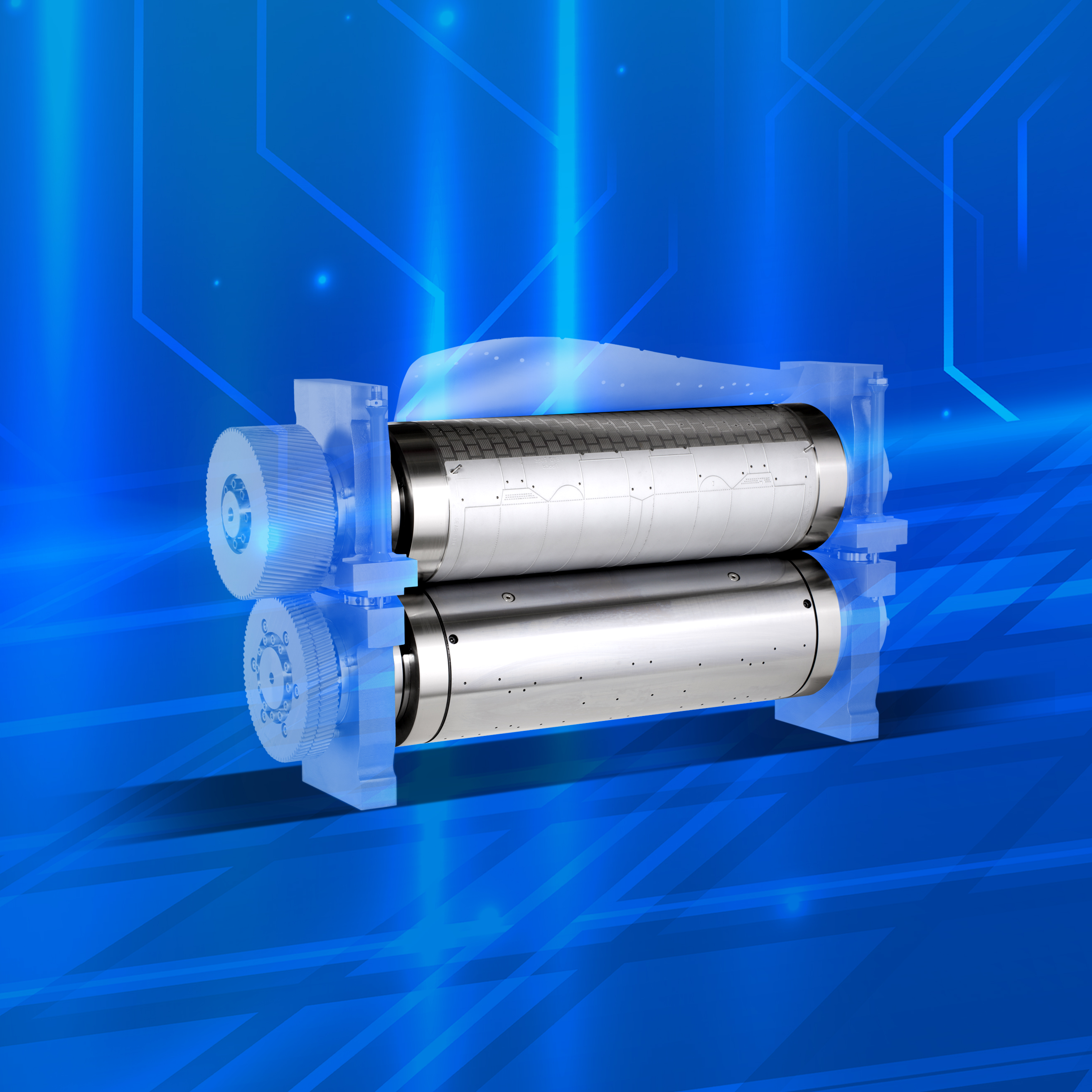 A magnetic cylinder unit with two magnetic cylinder drums stands on a blue background. Thereby the housing is transparently attenuated.