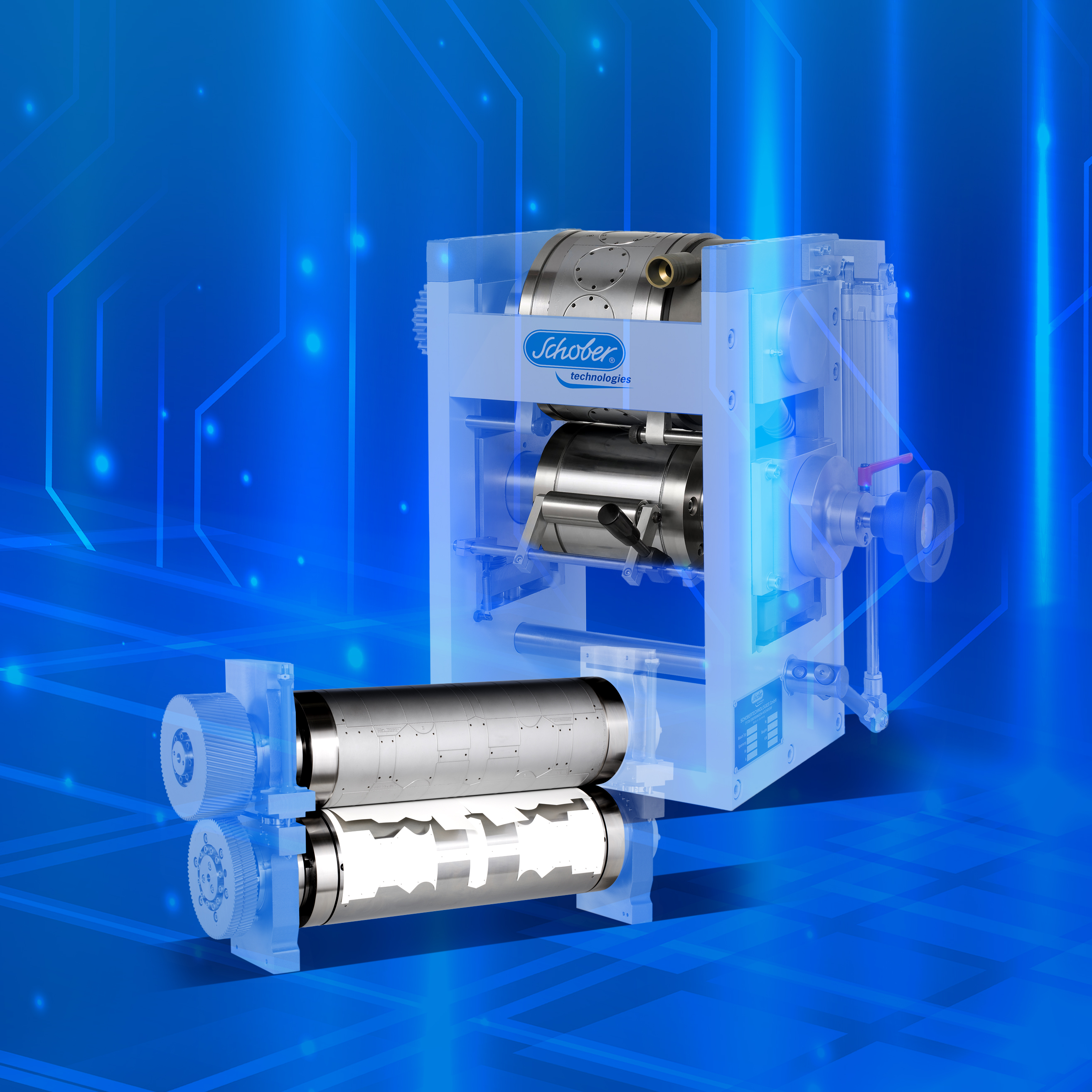 Two magnetic cylinder units stand on a blue background. The housings are graphically transparent.