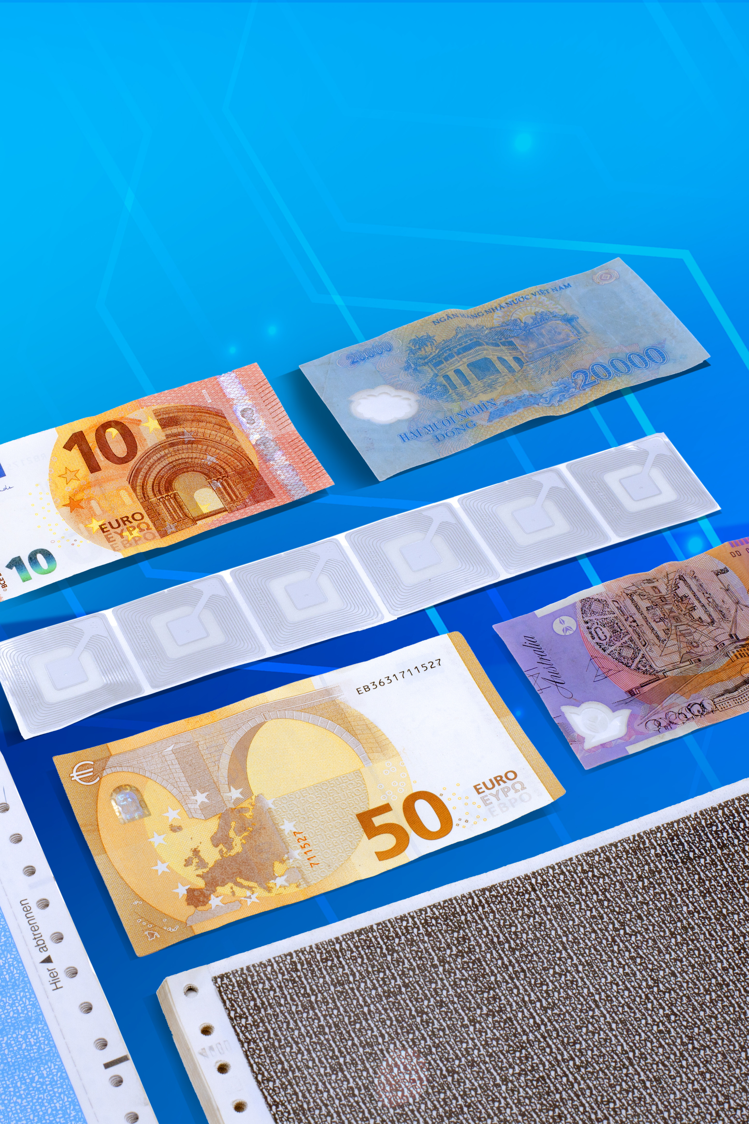 Geldscheine auf futuristischem blauen Hintergrund