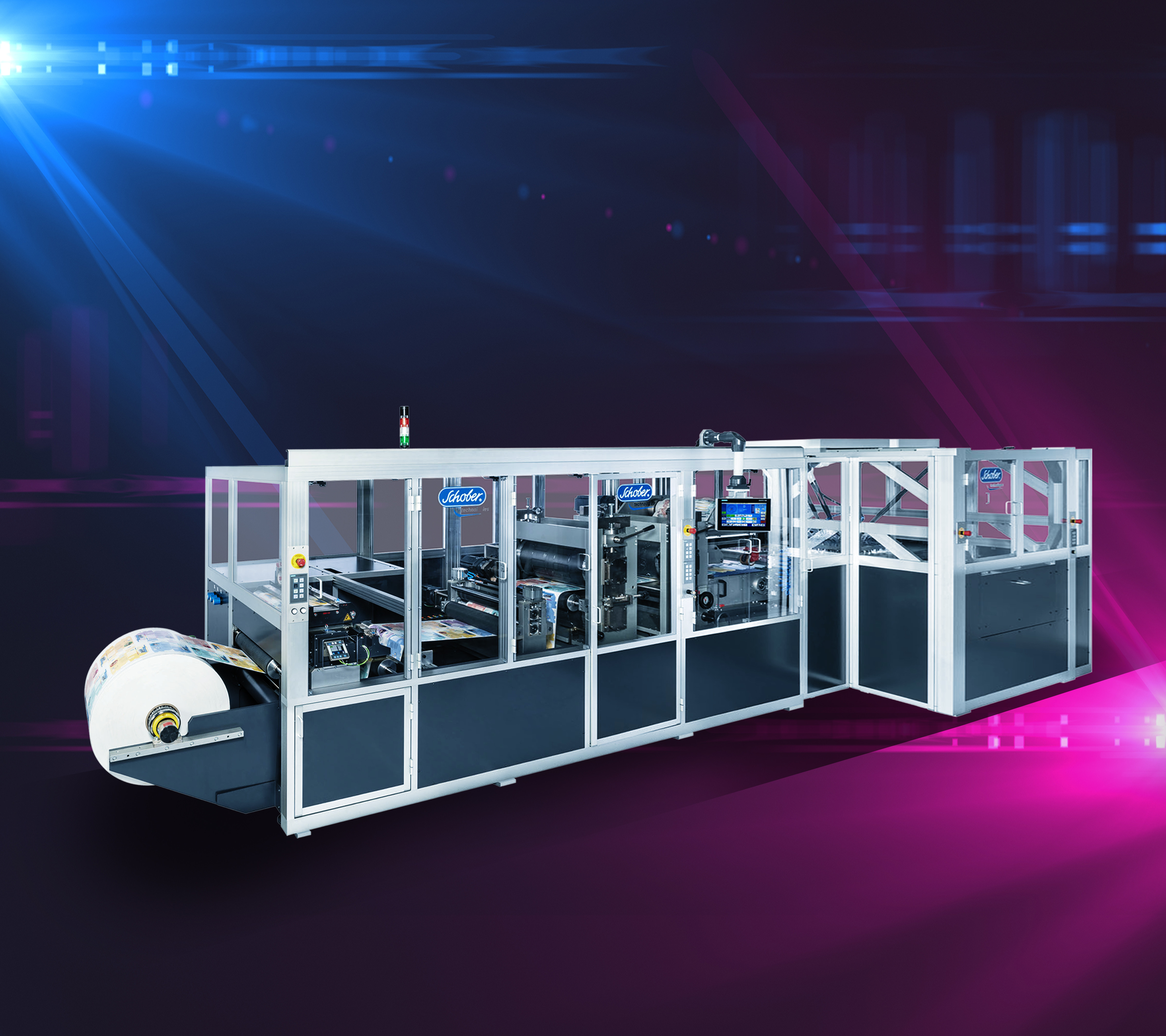 Schobertechnologies RSM520HD-DIGI-VARICUT-Maschine auf futuristischem pink-blauen Hintergrund